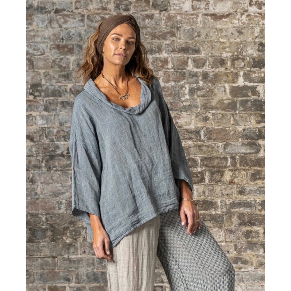 Made in Italy 100% Pure Linen Hooded Asymmetrical Top Charcoal Grey Lagenlook